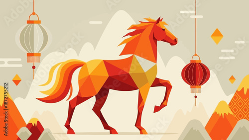 Stylized Equine Symbol with Lunar New Year Decorations and Mountain Landscape
