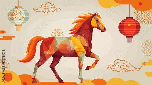Stylized Geometric Horse Silhouette with Asian Lanterns for Zodiac Celebration