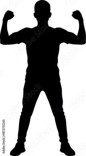 Silhouette of a muscular man flexing his arms in a powerful stance