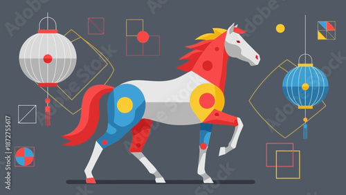 Stylized Equine Figure with Geometric Elements and Asian Lanterns