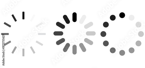Set of minimalist grayscale loading spinners and progress bar icons isolated on a white background.