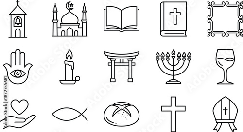 Collection of religious and spiritual line icons including church, mosque, bible, torah, menorah, torii gate, hamsa hand, cross, and holy symbols.