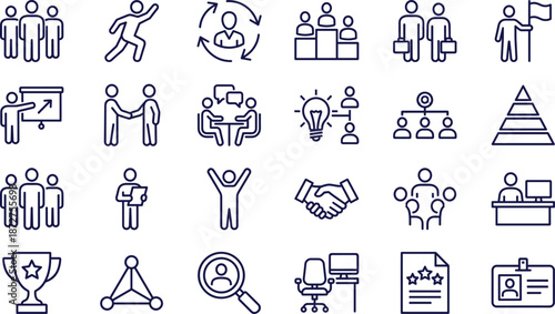 Collection of business line icons featuring teamwork, leadership, hierarchy, corporate strategy, human resources, success, communication, professional management, and career development symbols.