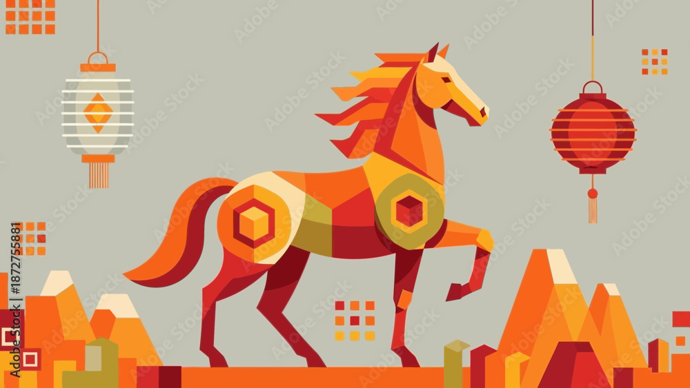 Obraz premium Stylized Geometric Horse Emblem with Hanging Asian Lanterns Background