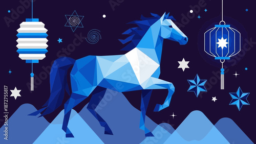 Geometric Horse Lunar New Year Celebration with Hanging Lanterns on Dark Night Sky
