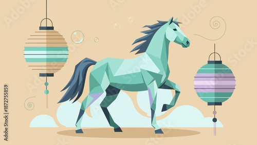 Stylized Geometric Horse Animal Figure with Traditional Asian Lanterns