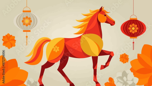 Stylized Red and Gold Horse Silhouette with Traditional Asian Lanterns and Floral Elements