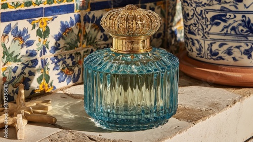 Ornate glass fragrance container rests upon a textured stone surface with decorative tiles in the background