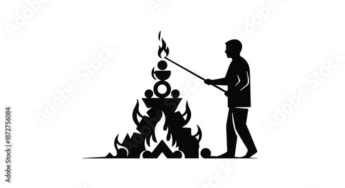 Silhouette of a man igniting a symbolic bonfire with a stick, representing tradition and celebration.