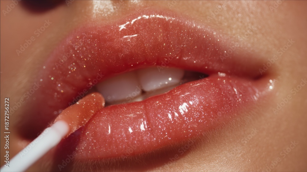 Naklejka premium Close-Up of Glossy Lips with Applicator Highlighting Radiant Makeup Effects in Soft Natural Lighting