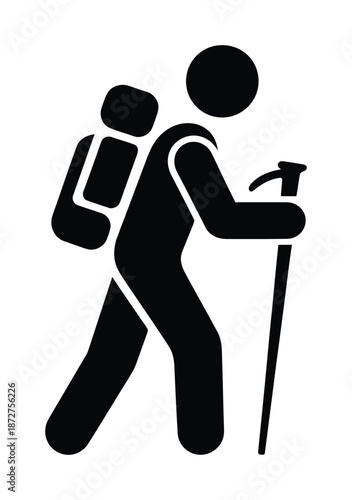 A black and white vector illustration of a hiker carrying a backpack