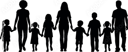 Silhouette of a diverse family with children walking together