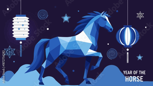 Low Poly Blue Horse Silhouette with Hanging Lanterns for Lunar New Year Celebration