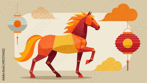 Stylized Horse Representation with Traditional Asian Lanterns for Zodiac Celebration