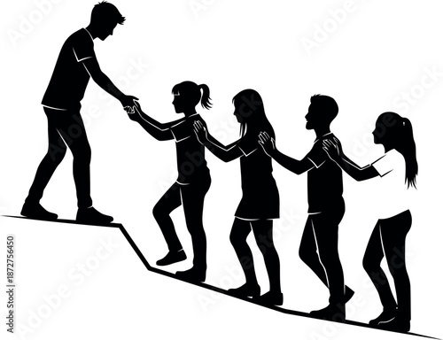 Silhouette of a man helping people climb up a slope