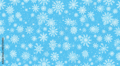 Winter season seamless pattern with a dense flurry of intricate white snowflakes and frost on a bright light blue background.