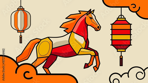 Stylized Equine Figure with Traditional Asian Lanterns and Clouds Background
