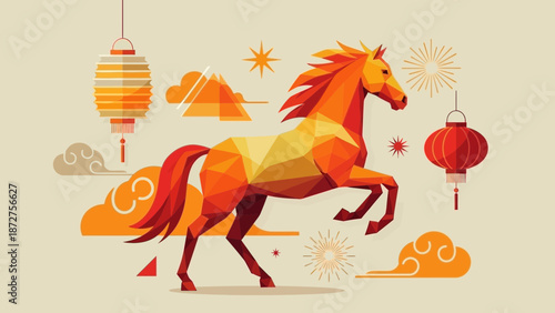 Stylized Low Poly Horse Rearing Amidst Traditional Lunar New Year Decorations