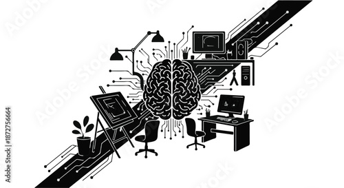 Creative mind powering digital innovation with technology and workstations.