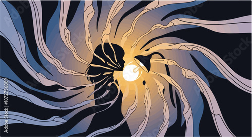 Silhouette of a person's head illuminated by a bright, glowing light bulb, surrounded by swirling abstract lines.