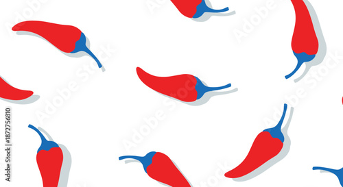 Spicy food seamless pattern featuring hand drawn red chili peppers with blue stems and soft shadows on a white background.