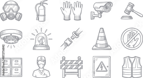 Vintage sketch style safety icons set featuring industrial protection equipment security surveillance law enforcement emergency fire prevention and occupational health tools