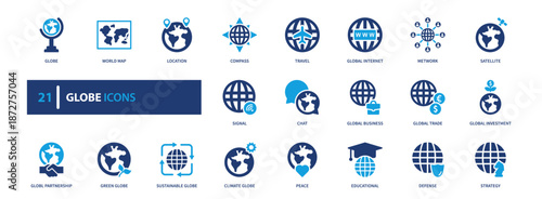 A collection of solid globe icons. International network location icons, earth, world icons for global business, communication systems, map interfaces, and UI design.