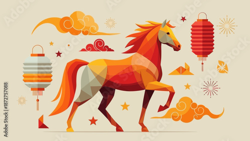 Stylized Geometric Horse with Traditional Asian Lanterns and Cloud Motifs
