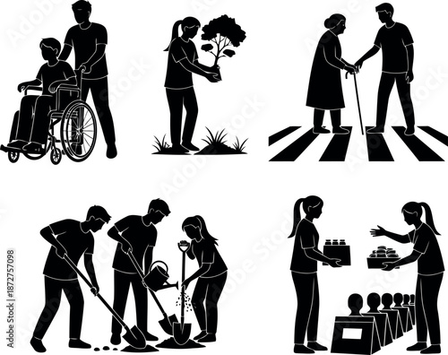 Silhouette of people helping and supporting each other in various situations