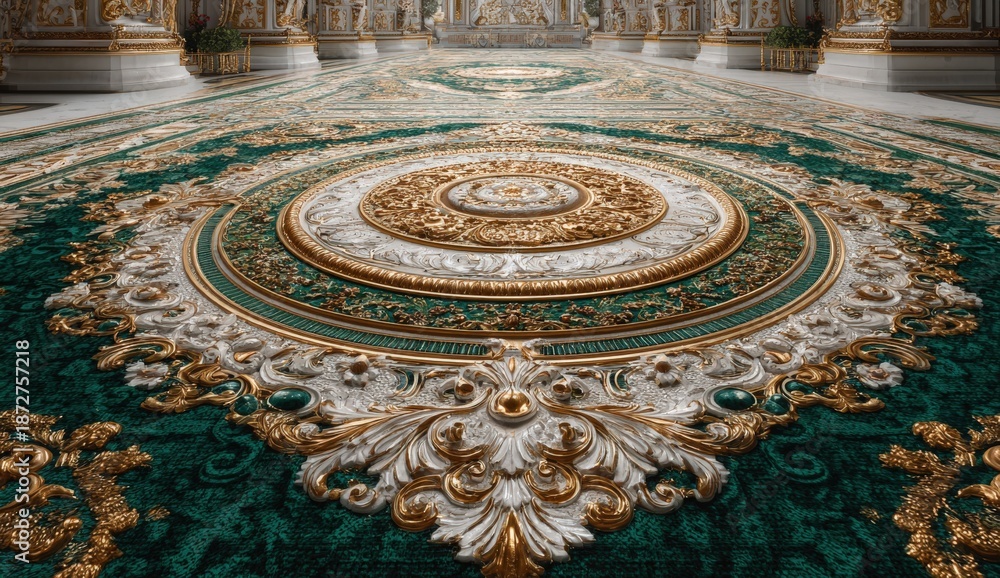 Obraz premium Ornate green and gold carpet with intricate patterns and textures, showcasing luxurious design elements in a grand interior space, highlighting elegance and sophistication
