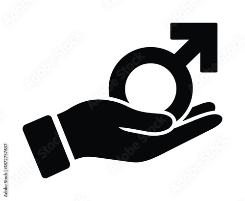 A vector illustration of a hand holding a male symbol