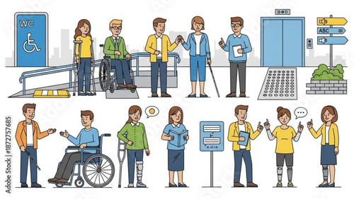 Diverse group of people with disabilities including wheelchair users and those with prosthetics using accessibility features like ramps and elevator