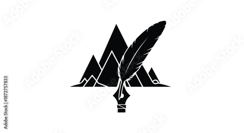 Elegant feather pen poised above abstract mountain peaks, symbolizing creative inspiration and exploration.