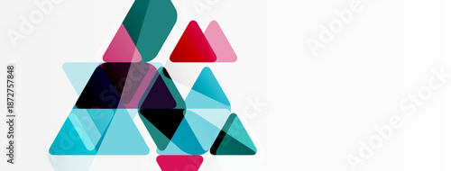 Abstract geometric shapes overlap, creating vibrant color composition. Triangles dominate design, suggesting dynamism, modernity.