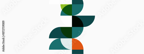 Abstract geometric design. Overlapping circles create stylized plant form. Teal, green, orange hues dominate white background. Minimalist aesthetic.
