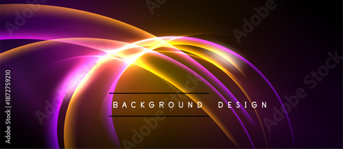 Abstract neon lights create dynamic curves. Vibrant colors blend, forming modern background design. Dark space emphasizes luminosity.
