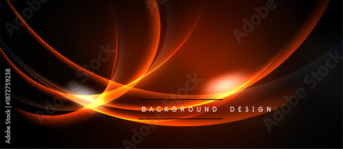 Abstract design features flowing orange lines, bright center glow. Dark background creates dramatic visual impact. Modern aesthetic.