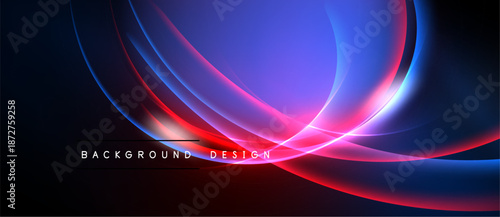 Abstract flowing lines, vibrant blues, reds create dynamic background. Dark space emphasizes bright curves, modern design element.