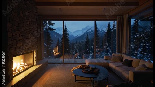 Modern alpine cabin interior at night, calm and minimal. Luxury mountain lodge aesthetic with clean lines and simple forms. Natural materials: stone, dark wood, soft textiles.