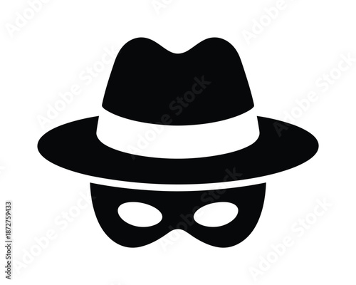 A black and white vector icon of a masked spy wearing a fedora hat