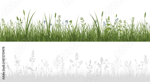 Seamless horizontal borders of green grass and wildflower silhouettes with a faded grey version for multi layered design.