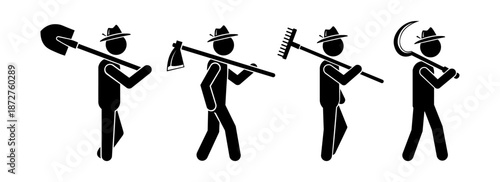 Minimalist Stick Figure Farmers with Gardening Equipment Illustration.