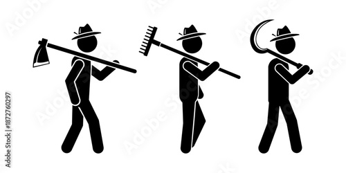 Agricultural Workers Carrying Farm Tools Stickman Vector Icons.
