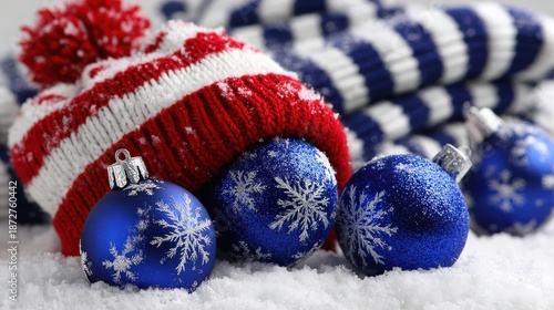 Knitted winter hat and shiny blue ornaments rest upon a blanket of fresh snow