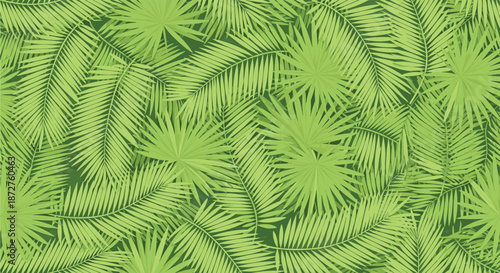 Seamless tropical pattern with layered green palm leaves and exotic foliage creates a lush summer background for wallpaper or fabric design.