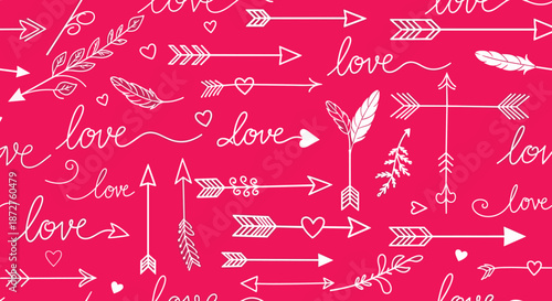 Hand drawn valentines day seamless pattern features white arrows, hearts, and romantic love calligraphy over a bright magenta pink background.