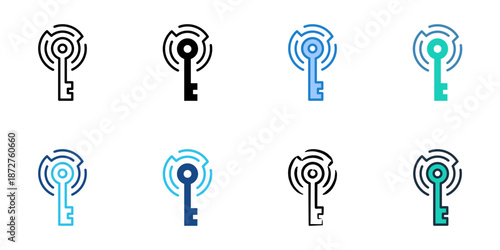 Data Encryption Key icons set multiple style collection. Editable stroke 
