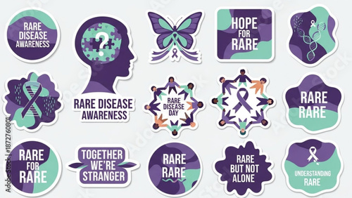Rare disease awareness stickers and symbols featuring puzzle pieces ribbons and supportive messages for Rare Disease Day isolated on white