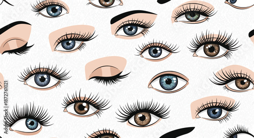Detailed seamless pattern of realistic human eyes with long eyelashes and various iris colors scattered across a textured white background.