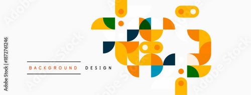 Abstract geometric shapes, vibrant colors, modern design elements. Background features orange, blue, green, yellow hues. Minimalist composition.